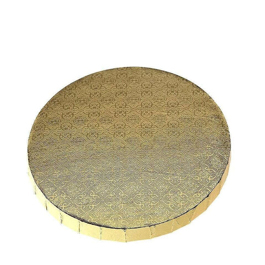 Gold round cake drum with 1/2 inch thick B/C-flute core and embossed foil finish, ideal for elegant cake presentations and special occasions.