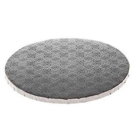 10-inch silver round cake drum with embossed foil surface and 1/2 inch thick cardboard core, ideal for elegant cake presentations.