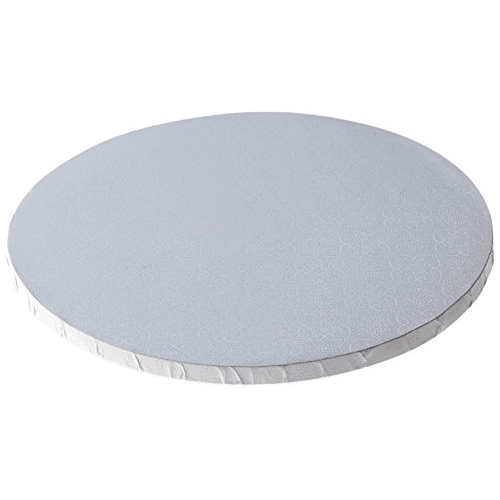 White round cake drum with 1/2 inch thickness and embossed foil surface, ideal for clean and professional cake presentation.