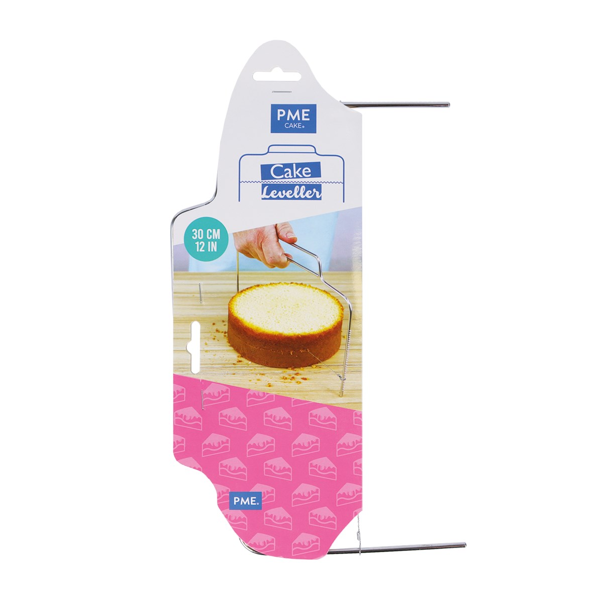 PME 12-inch cake leveller in packaging with image showing levelling in action, suitable for even cake slicing.
