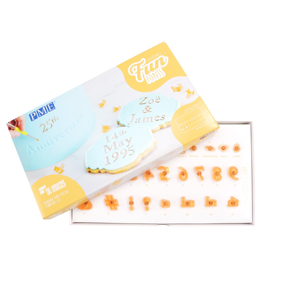 PME Fun Fonts Collection 2 Numbers and Specials stamp set with open box showing orange stamps and decorated cookies.