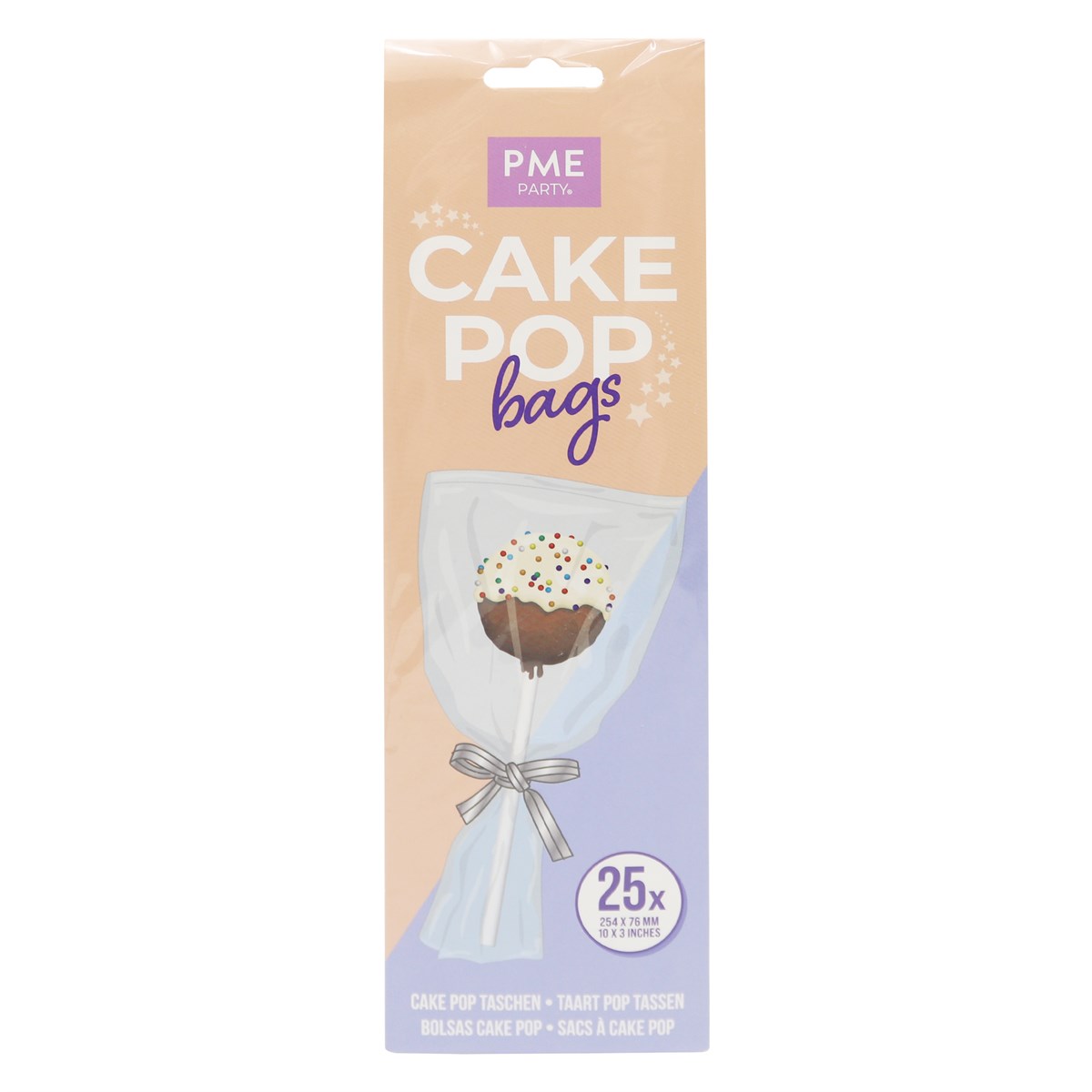 ME Cake Pop Bags packaging showing 25 clear bags with silver ties for packaging cake pops.