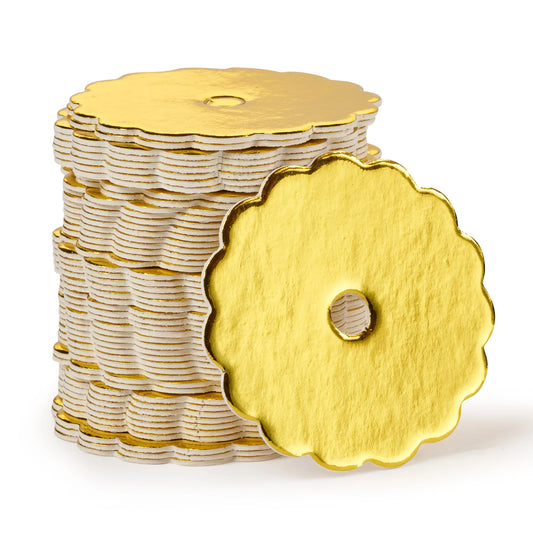 Stack of gold scalloped-edge cake pop boards with center holes, designed for stylish and stable cake pop presentation.