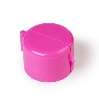 Bright pink double-tier cake pop mold made from glossy food-grade plastic, shown from an angled side view with locking clip visible.