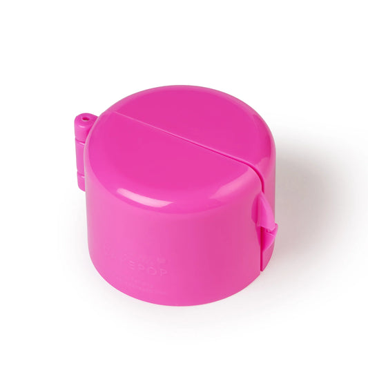 Bright pink double-tier cake pop mold made from glossy food-grade plastic, shown from an angled side view with locking clip visible.