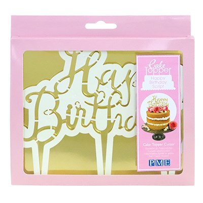 PME cake topper cutter in packaging, featuring script-style “Happy Birthday” design and labeled for fondant use.
