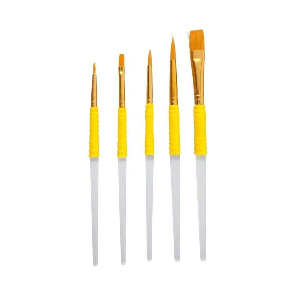 Five cake decorating paintbrushes with yellow textured grips and gold ferrules, shown in a row with different brush tip shapes on a white background.