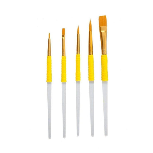 Five cake decorating paintbrushes with yellow textured grips and gold ferrules, shown in a row with different brush tip shapes on a white background.