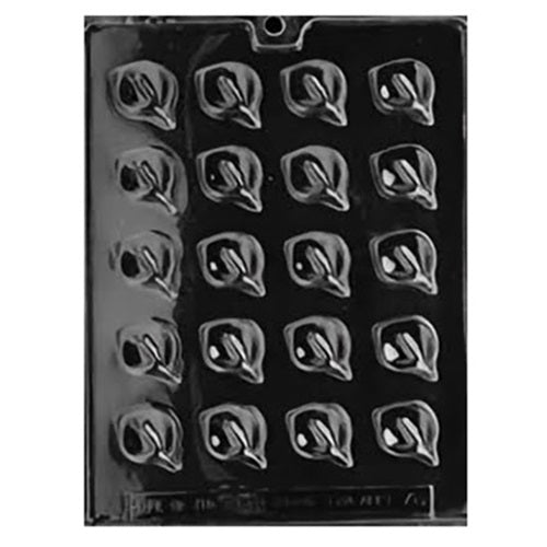 Chocolate mold sheet with multiple small cavities shaped like calla lilies, ideal for creating delicate floral-themed chocolates or candies.