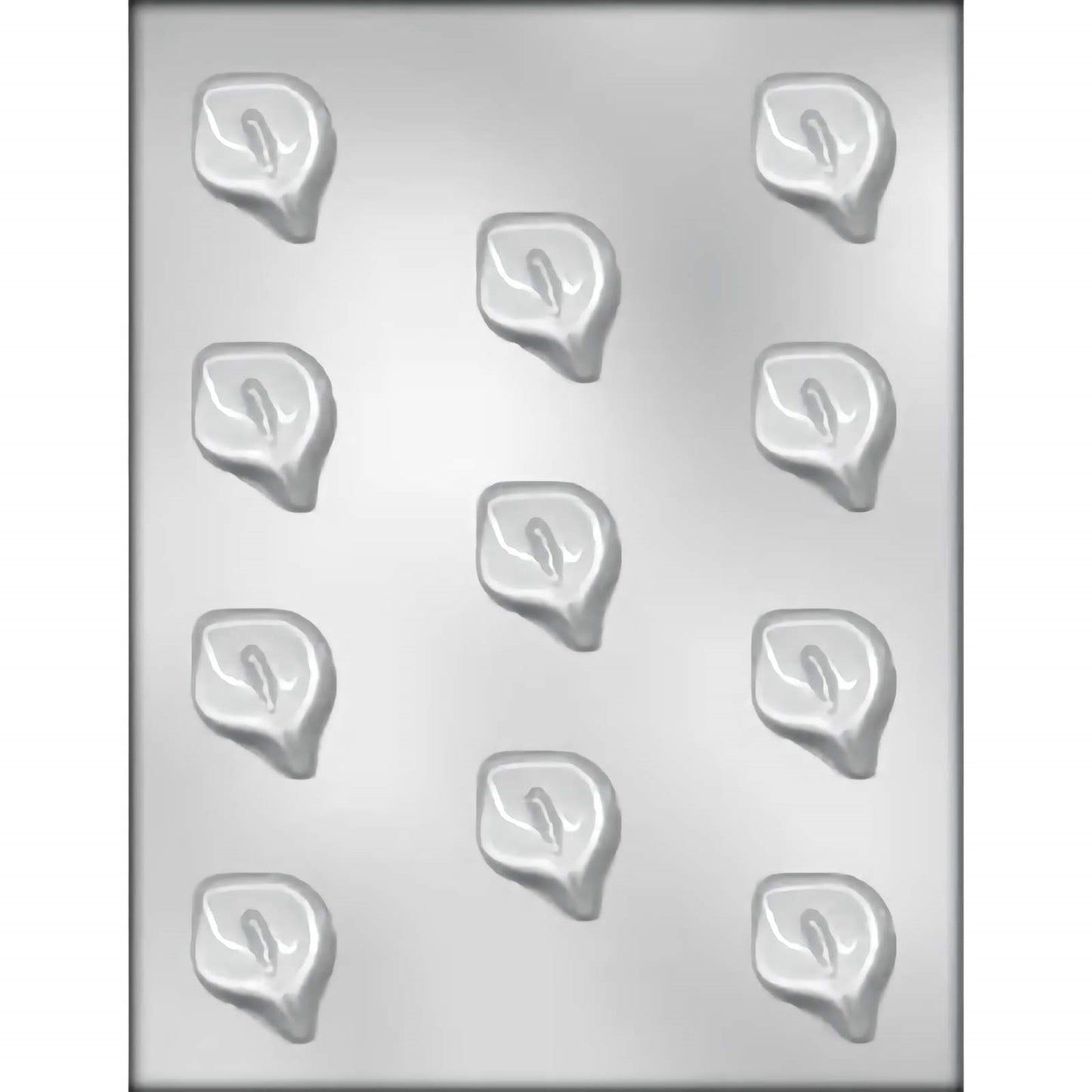 Calla Lily Chocolate Mold with 11 cavities, each measuring 1½" x 1¼" x ¼", suitable for chocolate, soap making, plaster, and concrete crafting, made from FDA-approved and BPA-free plastic.