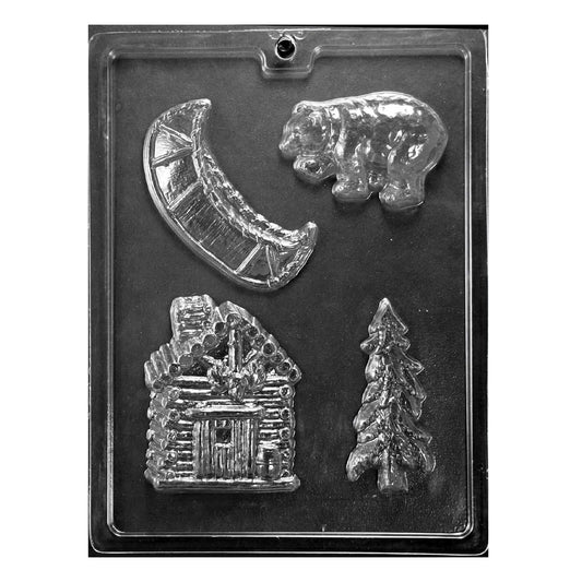 A detailed chocolate mold set themed around camping, featuring a crescent moon, a bear, a cabin, and a pine tree. The designs are deeply embossed for a realistic appearance, ideal for creating themed chocolates for camping enthusiasts or outdoor-related events.