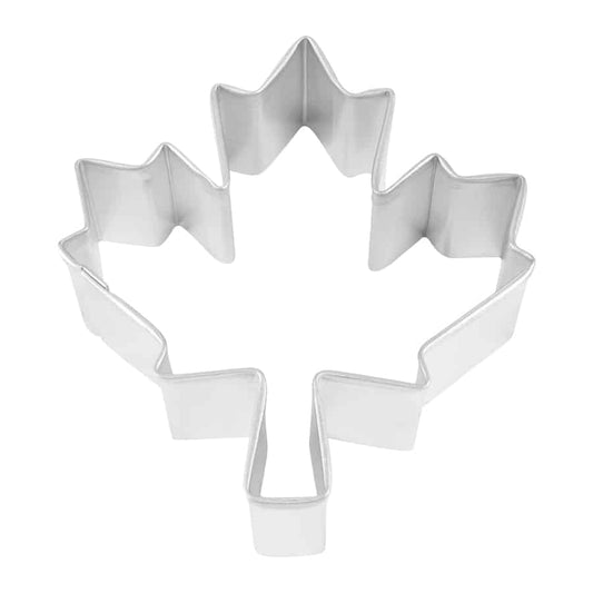 Metal maple leaf cookie cutter with defined points and a sturdy build.