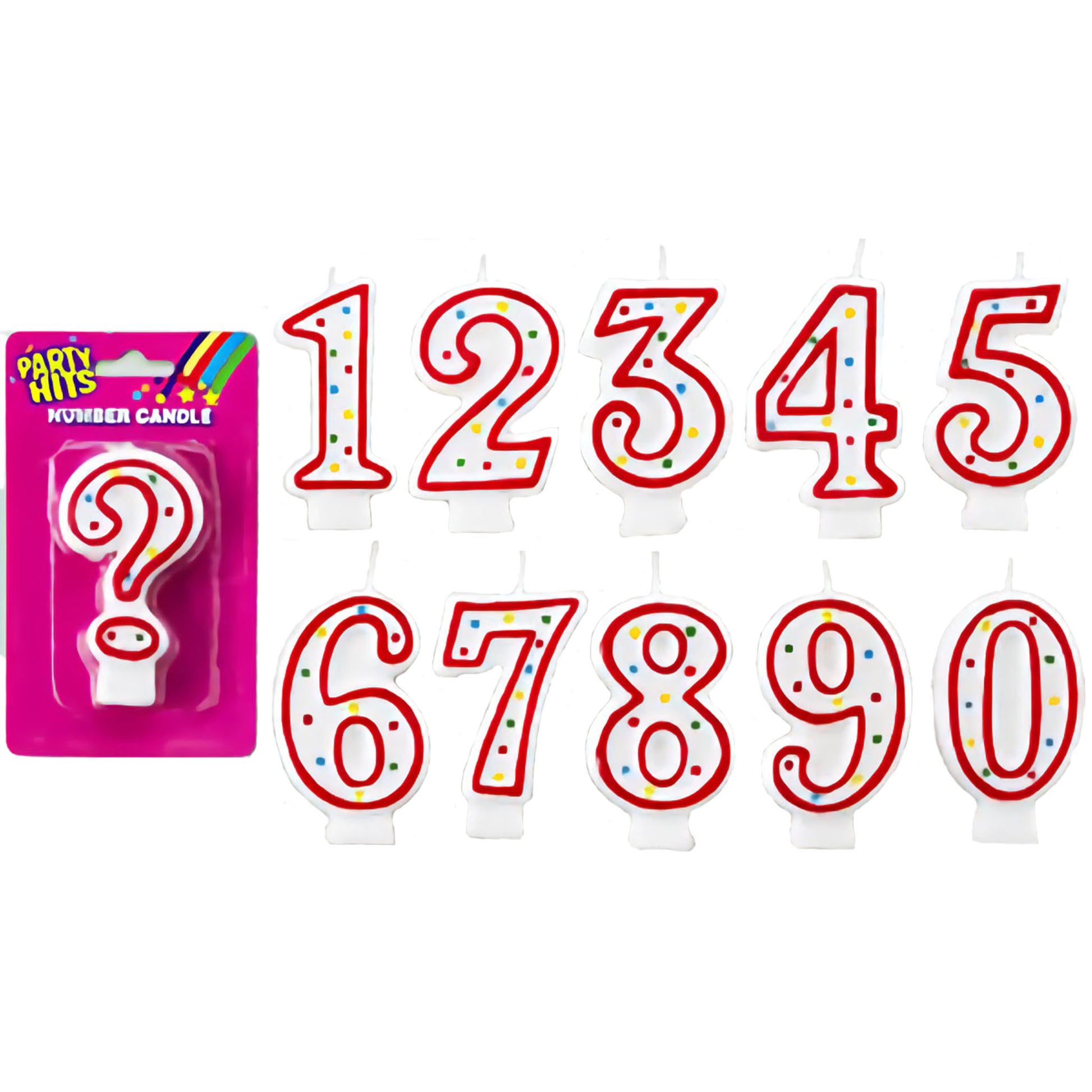 Red and white number candles with colorful dots, measuring 3 inches tall, shown individually and in packaging, ideal for birthdays, anniversaries, and milestone celebrations.