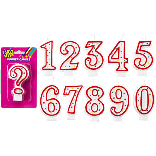 Red and white number candles with colorful dots, measuring 3 inches tall, shown individually and in packaging, ideal for birthdays, anniversaries, and milestone celebrations.