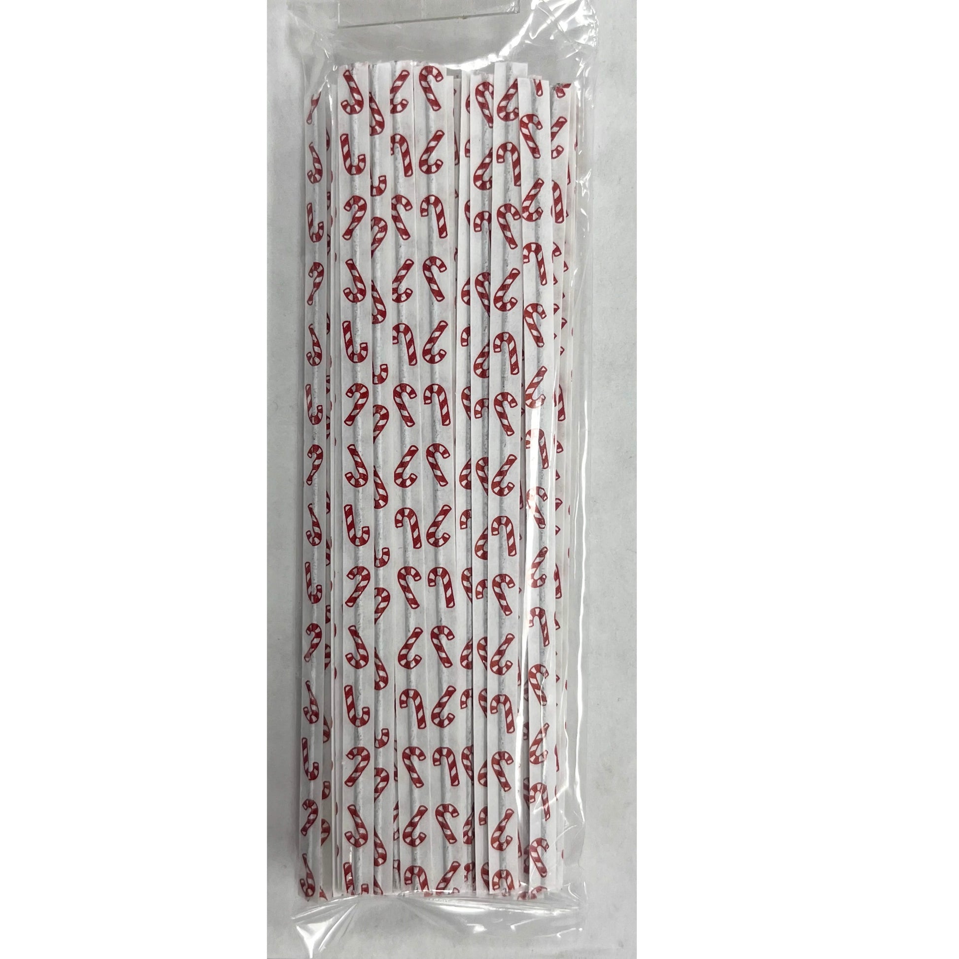 A pack of 100 paper twist ties, each decorated with a red and white candy cane pattern. The twist ties are neatly arranged in multiple rows within a clear plastic packaging, which allows the festive design to be visible. The background is plain and white, emphasizing the contrast of the candy cane stripes on the ties.