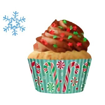 A cupcake in a candy cane cupcake liner with chocolate frosting and sprinkles