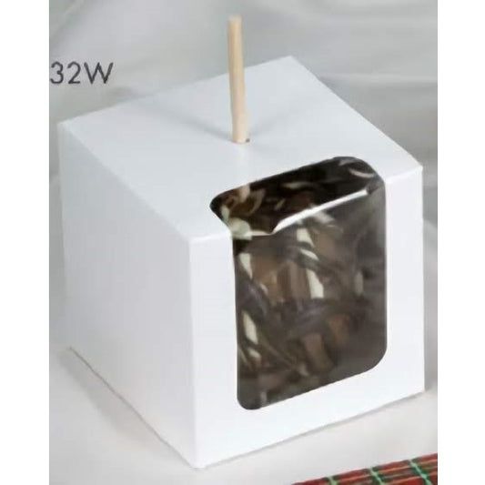 A white caramel apple box with a window and hole in the top for a caramel apple stick to poke through. The box contains a candy apple which can be seen through the window.