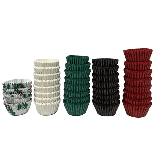 5 size four candy cups in a row. Holly, white, green, brown, and red