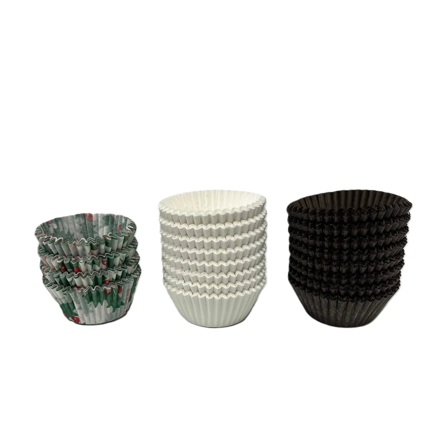 Three size 6 candy cups in a line. Holly, white, and brown colored
