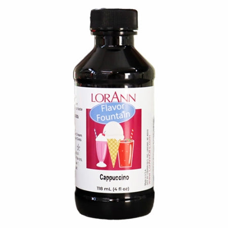LorAnn Cappuccino Flavor Fountain bottle with illustrated label showing ice cream and shakes, used for flavoring frozen desserts, smoothies, and drinks