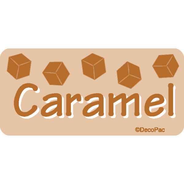 Light brown label with the word "Caramel" in playful lettering and five illustrated caramel cubes across the top.
