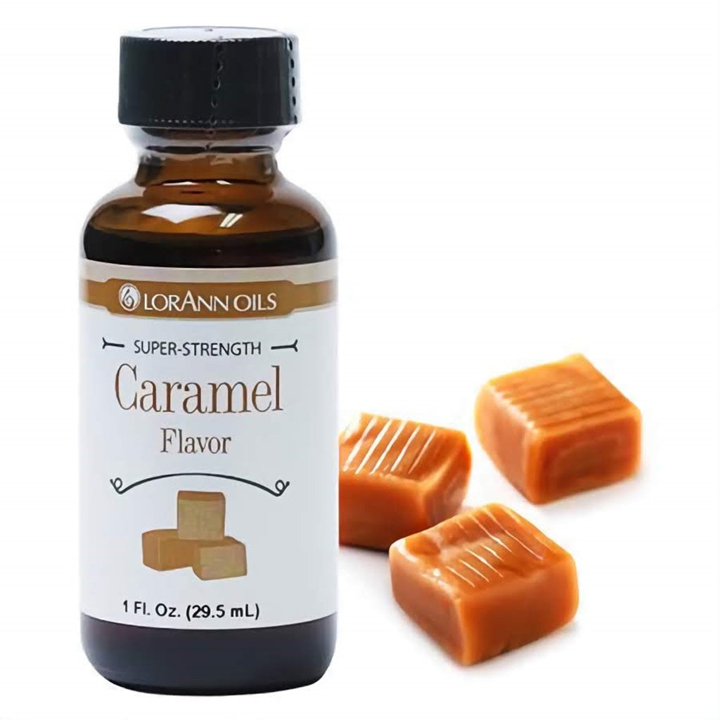 1 fl oz bottle of LorAnn Oils Super Strength Caramel Flavor, with three soft caramel candies, embodying the rich, gooey caramel taste ideal for desserts.