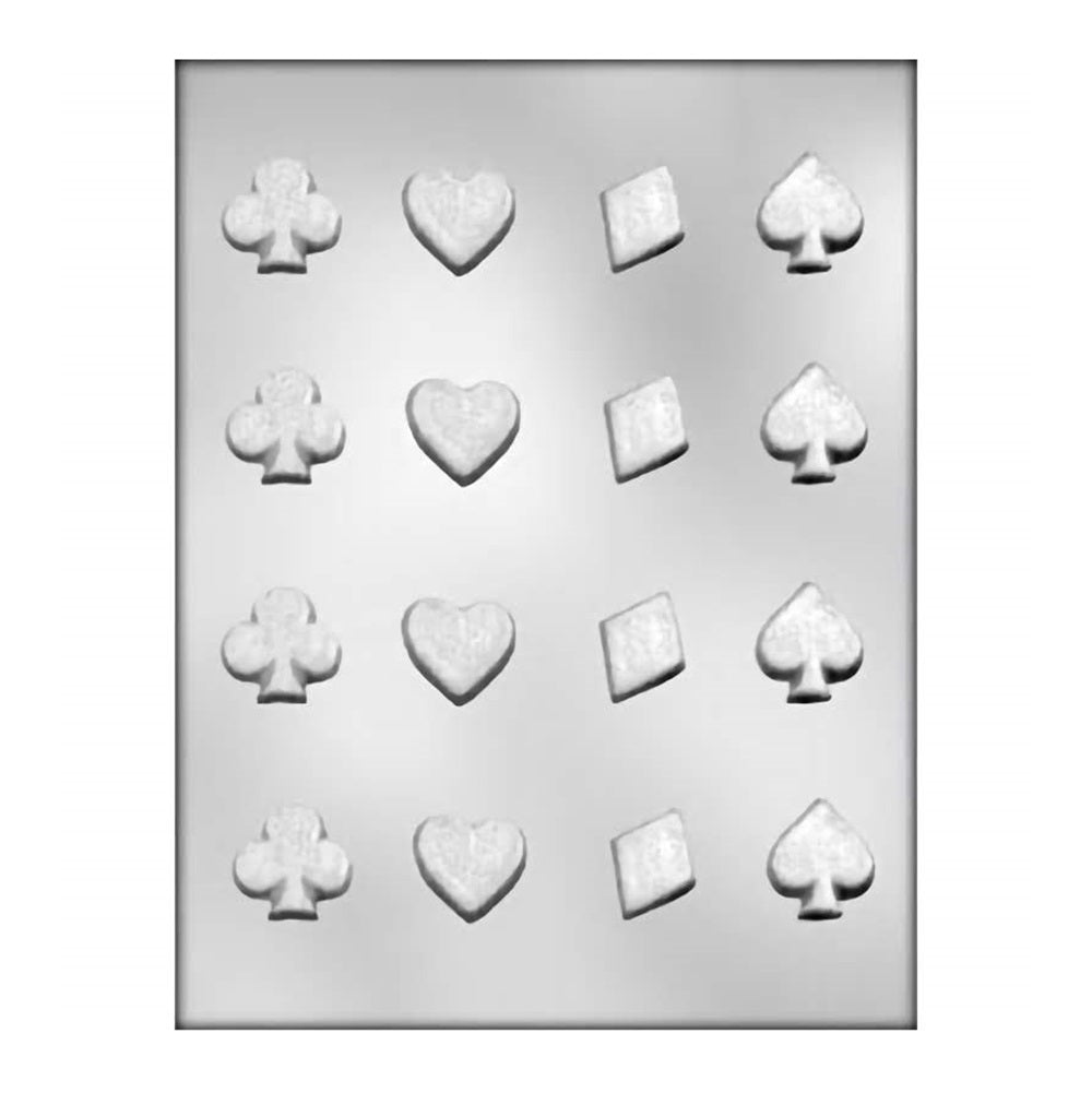 This chocolate mold is designed with an array of card suit shapes, including hearts, diamonds, clubs, and spades. Perfect for creating themed treats for card game nights, casino parties, or to give as a gift to card enthusiasts. The mold allows for detailed and sharp chocolates that can be used to decorate cakes, serve at game nights, or simply enjoy as a playful candy.