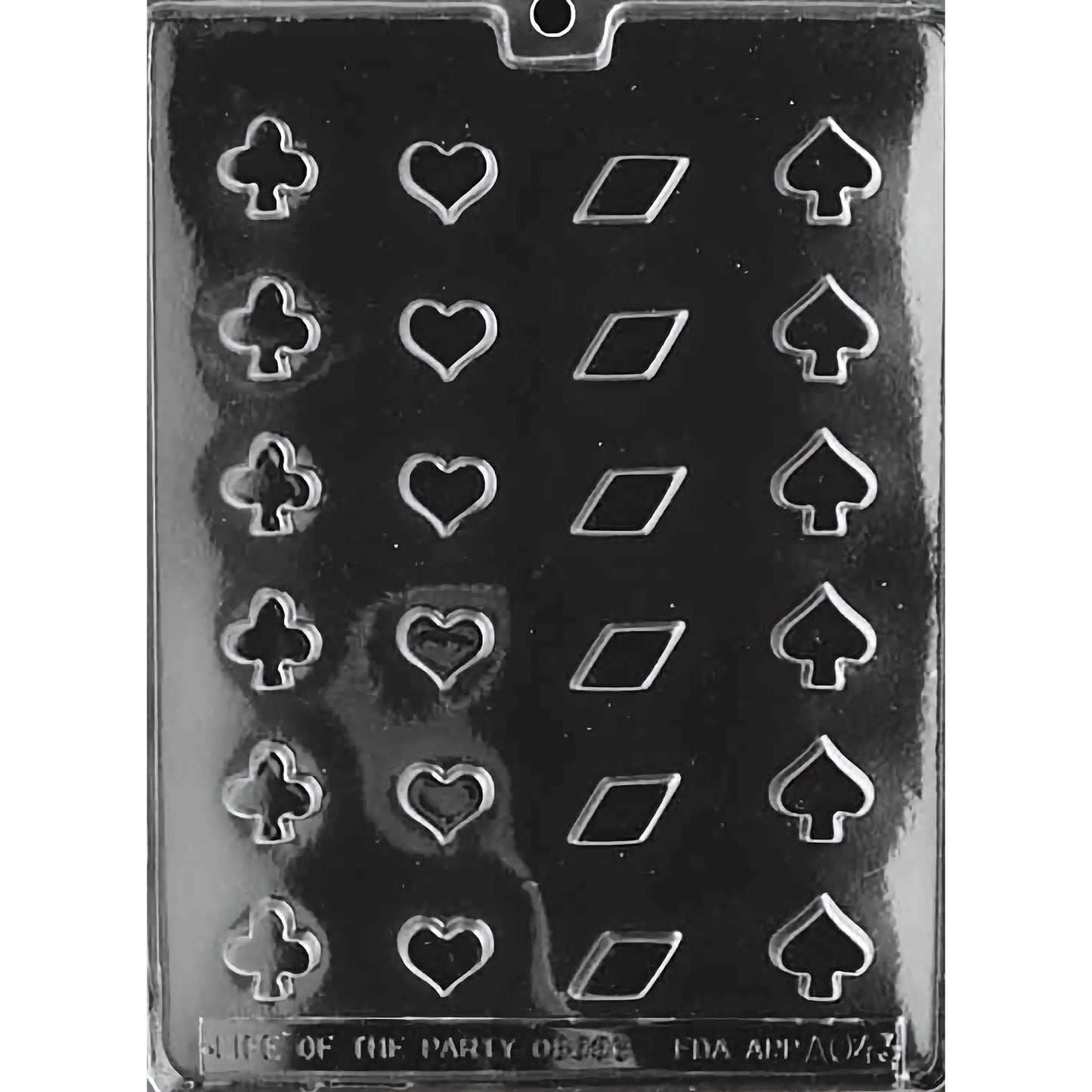 Chocolate mold with 24 cavities featuring card suits: clubs, hearts, diamonds, and spades.