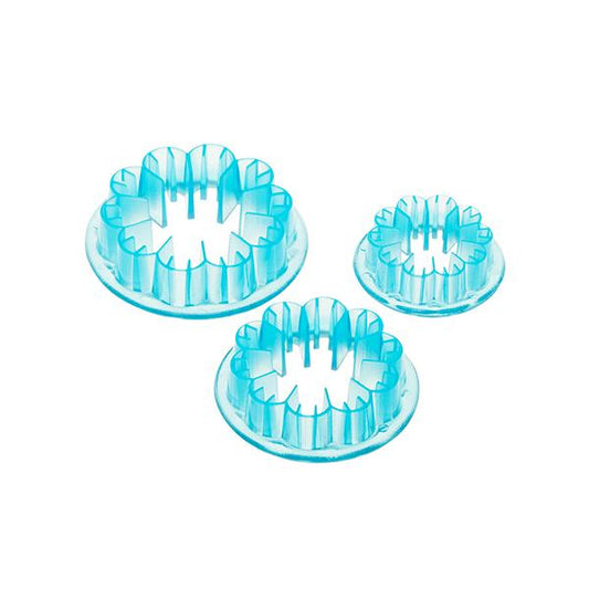 Set of three blue carnation-shaped plunger cutters in different sizes, made from transparent plastic.