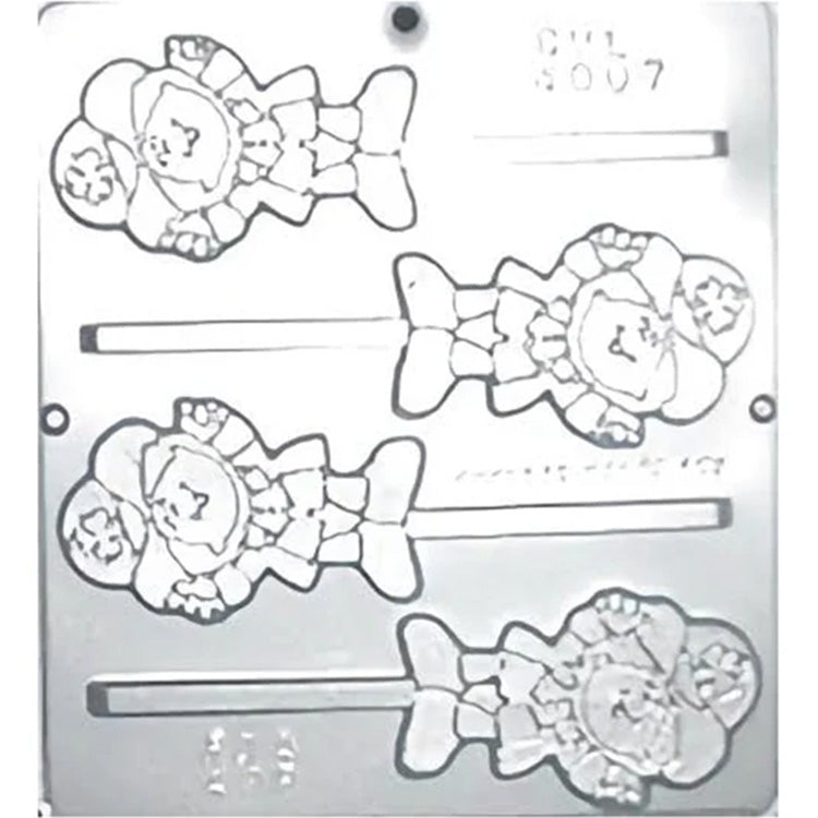 Clear plastic chocolate lollipop mold with four cartoon leprechaun cavities, each wearing a hat with a shamrock and connected to stick channels.