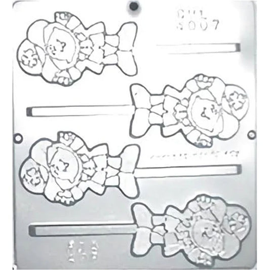 Clear plastic chocolate lollipop mold with four cartoon leprechaun cavities, each wearing a hat with a shamrock and connected to stick channels.