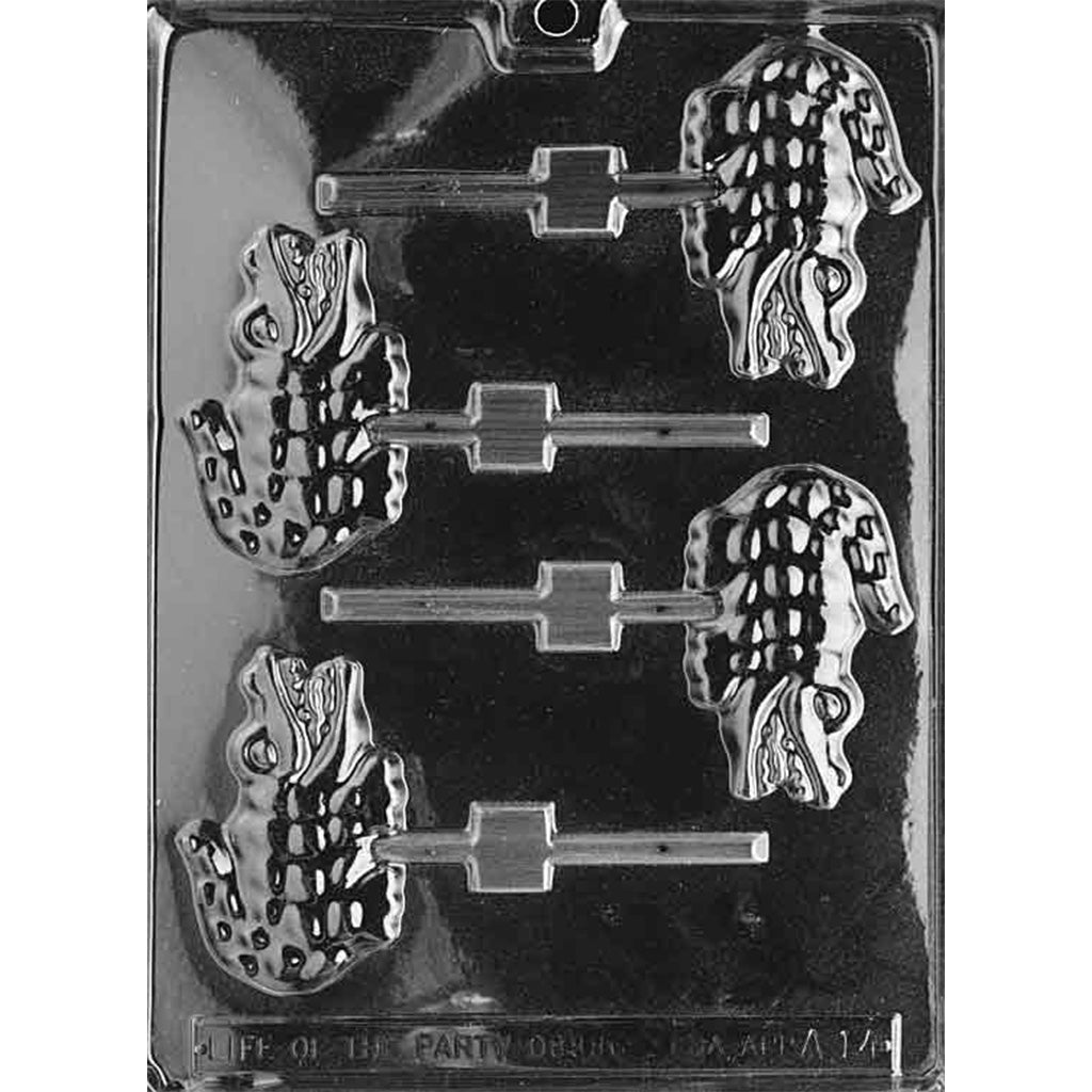 Lollipop mold shaped like a small alligator with legs, tail, and textured back.