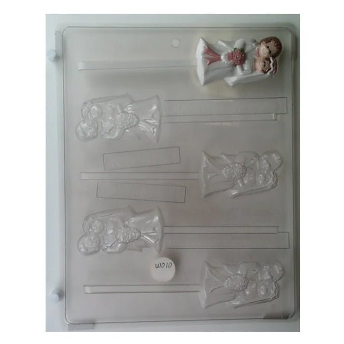 A plastic mold for making cartoon-style bride and groom chocolate lollipops, showcasing a bride in a wedding dress and a groom in a tuxedo, perfect for wedding favors or bridal shower treats.