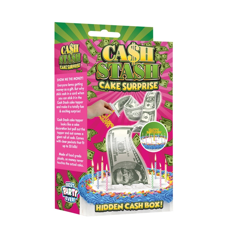 Cash Stash Cake Surprise packaging showing a hidden money cake topper with dollar bills rolling out.