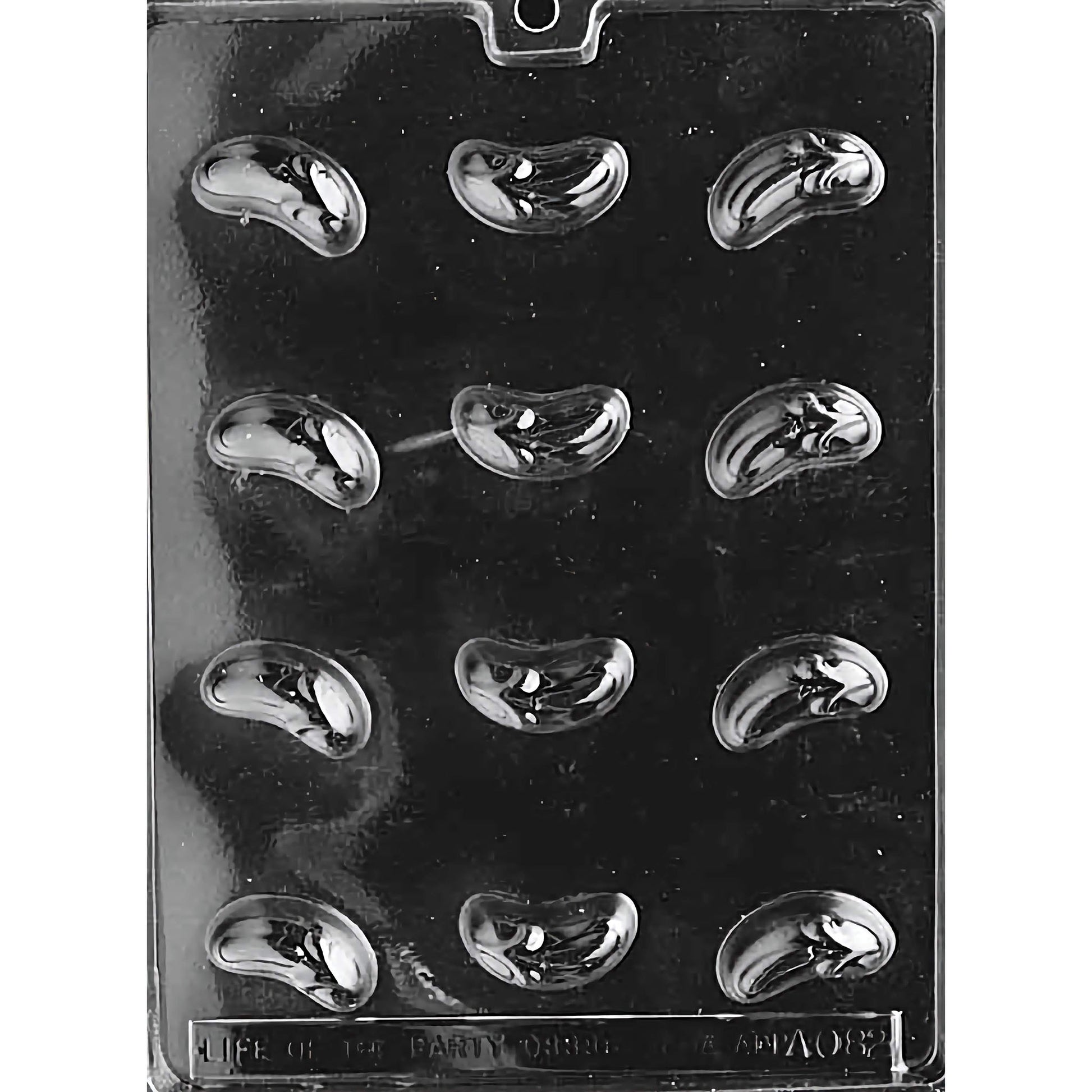 Cashew Shaped Chocolate Mold with twelve cashew-shaped cavities. The mold creates 1-1/2 inch by 3/4 inch and 3/4 inch deep chocolate pieces, using approximately 0.3 ounces of chocolate per piece. Made of food-grade plastic and manufactured in the USA.