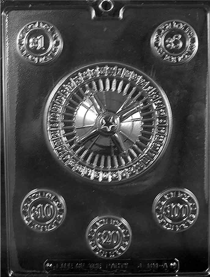 Clear plastic chocolate mold sheet featuring a large roulette wheel cavity in the center, surrounded by smaller poker chip cavities labeled with values.