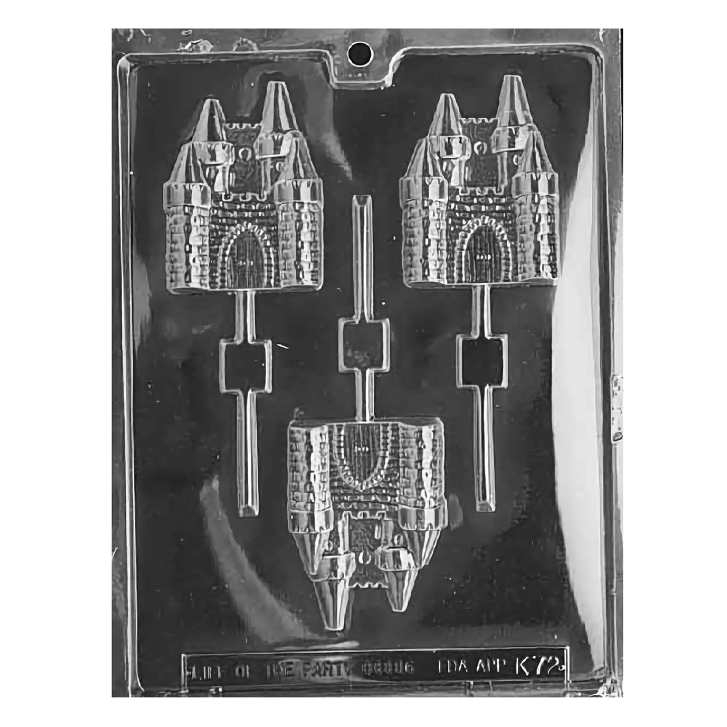 A set of three-dimensional castle chocolate lollipop molds, intricately detailed with turrets, bricks, and an arched gateway, ideal for creating magical treats for themed birthday parties or fairytale event favors.