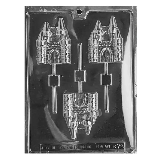 A set of three-dimensional castle chocolate lollipop molds, intricately detailed with turrets, bricks, and an arched gateway, ideal for creating magical treats for themed birthday parties or fairytale event favors.