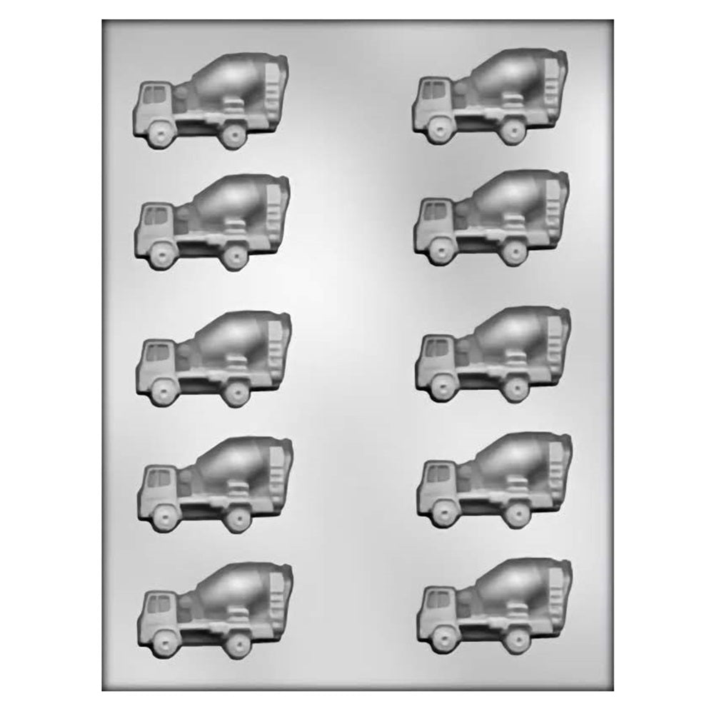 Chocolate mold featuring multiple cavities shaped like cement mixers, ideal for creating themed treats for construction or truck-themed parties and events.