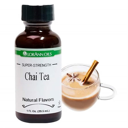 LorAnn Oils Super Strength Chai Tea Flavor, 1 fl oz, showcased with a mug of creamy chai tea garnished with a cinnamon stick, depicting the spiced aroma.