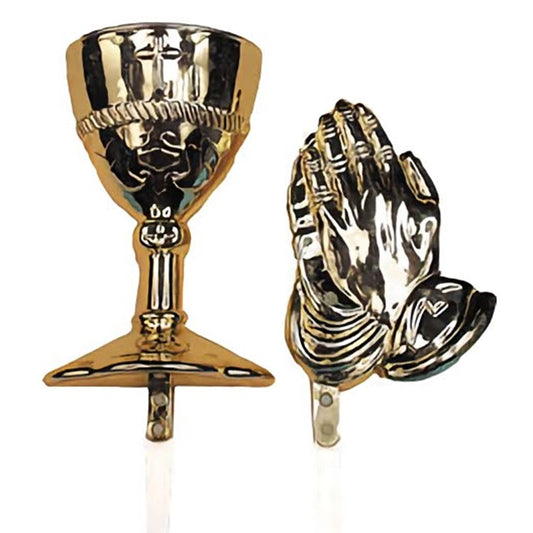 Elegant 2.5" gold chalice and praying hands cupcake picks for religious celebrations like First Communion or Confirmation. Set of 2, food-safe plastic.