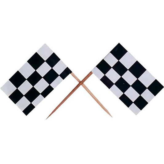 Crossed checkered flag cupcake picks in black and white, designed to add a race day vibe to desserts and themed parties.