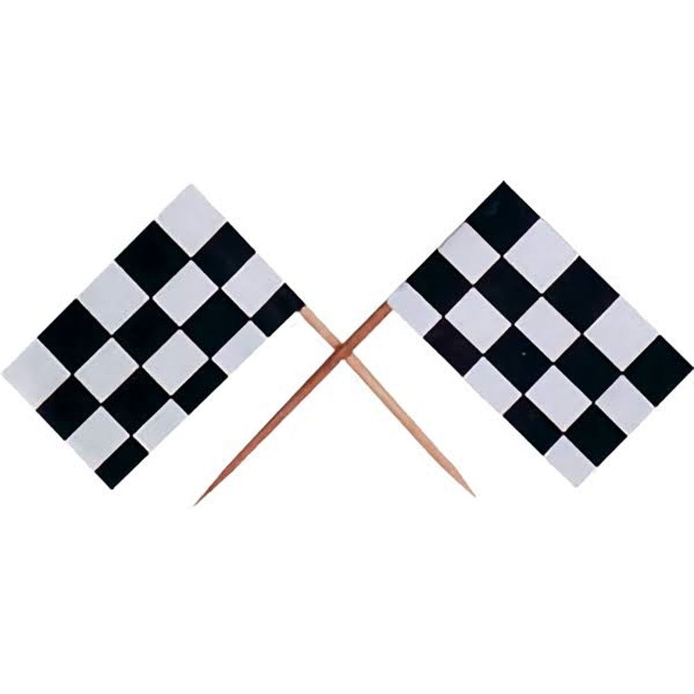 "Crossed checkered flag cupcake picks in black and white, designed to add a race day vibe to desserts and themed parties."