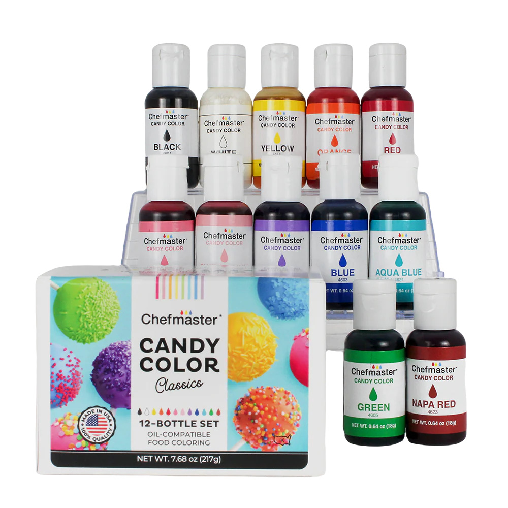 Chefmaster Candy Colors 12-Bottle Set – Oil-based food coloring for chocolate, candy coatings, and fat-based icings. Includes 12 vibrant colors.