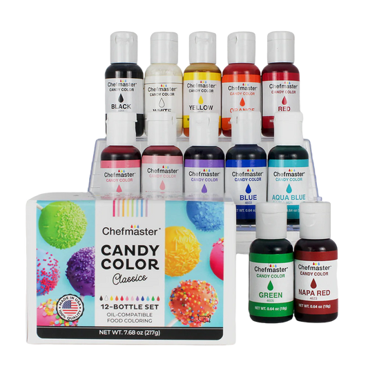 Chefmaster Candy Colors 12-Bottle Set – Oil-based food coloring for chocolate, candy coatings, and fat-based icings. Includes 12 vibrant colors.