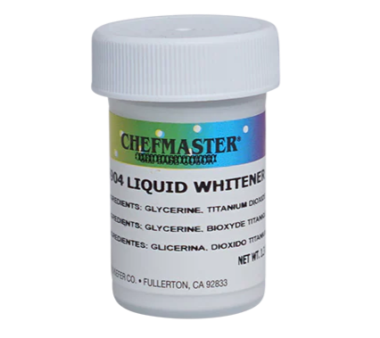 A small container of Chefmaster Liqua-Gel® Whitener Liquid Food Coloring, designed for brightening colors and reducing color bleed in icings and batters.