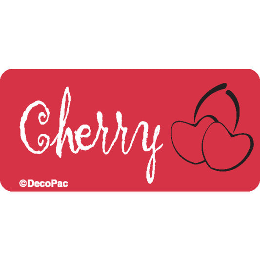 Red cherry flavor cake label with white script reading "Cherry" and two outlined cherry illustrations, ideal for bakery display signage.