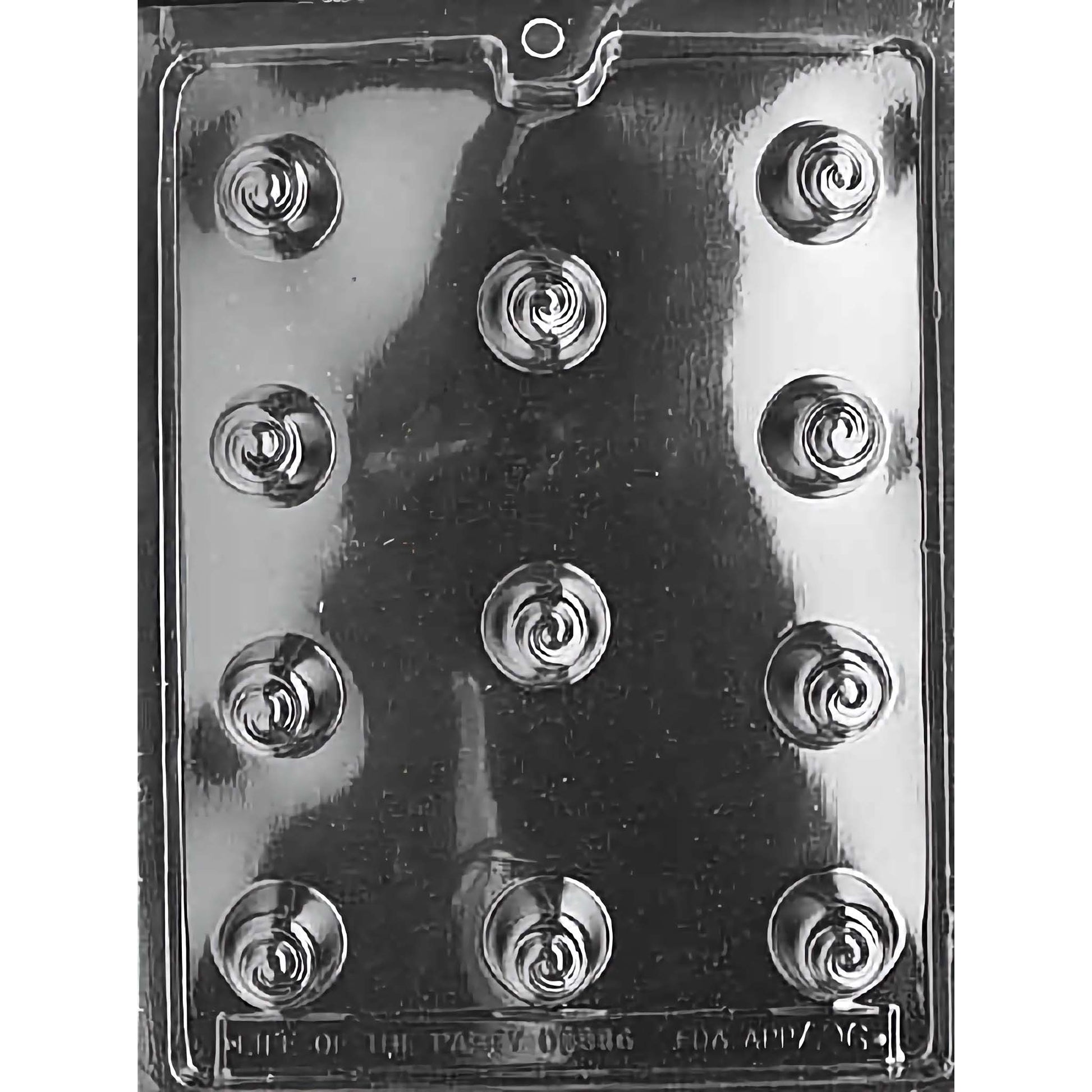 Cherry Bon-Bon chocolate mold with 12 cavities, each forming a bon-bon with a charming swirl on top, perfect for cherry-filled chocolates, made from food-grade plastic.