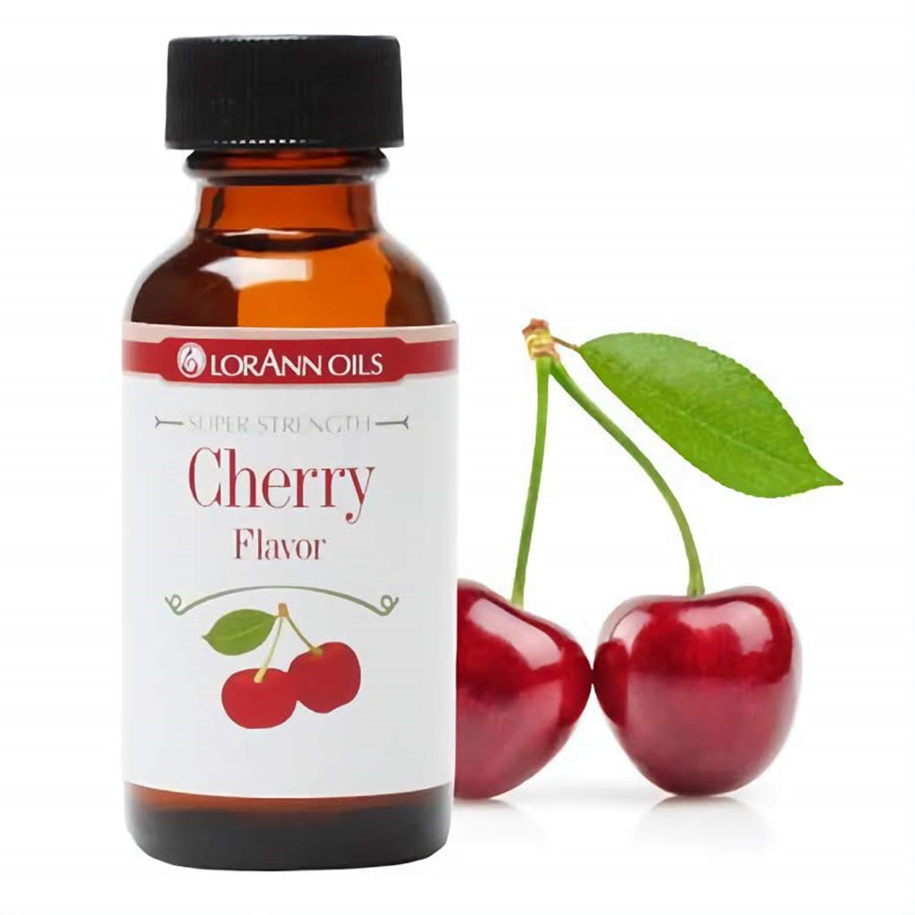 LorAnn Oils Super Strength Cherry Flavor, 1 fl oz bottle, with two ripe red cherries with stems and a leaf, highlighting the sweet and tart cherry essence.