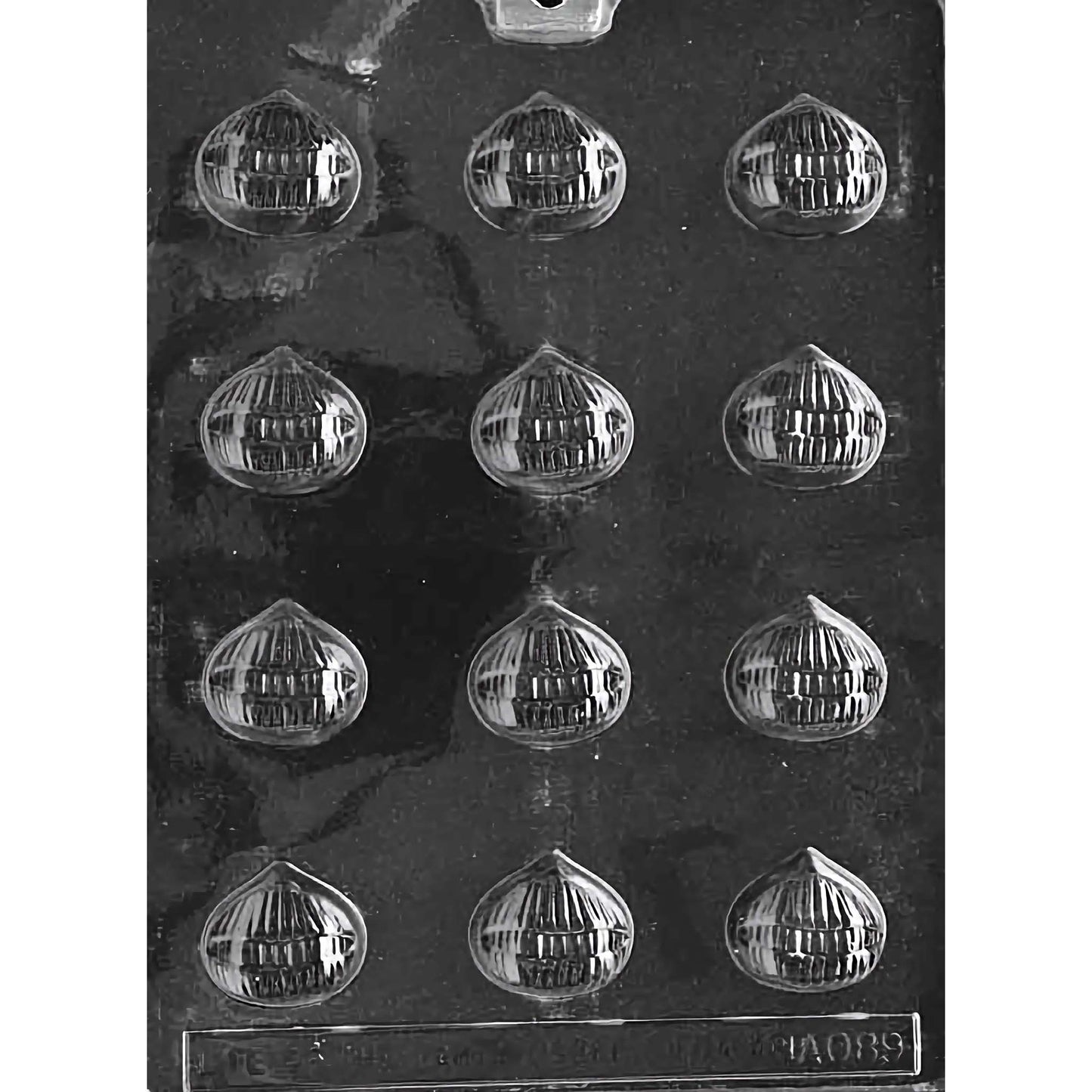 Chestnuts Chocolate Mold with twelve cavities, each featuring a detailed chestnut shape. The mold creates 1-3/8 inch by 1-1/4 inch chocolate pieces, using approximately 0.1 ounces of chocolate per piece. Made of food-grade plastic and manufactured in the USA.